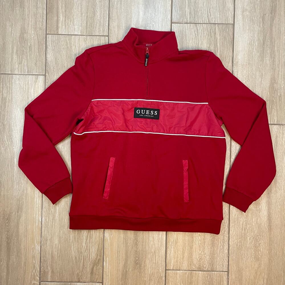 GUESS Los Angeles Quarter Zip Pullover Mens L Red Colorblock Logo Streetwear